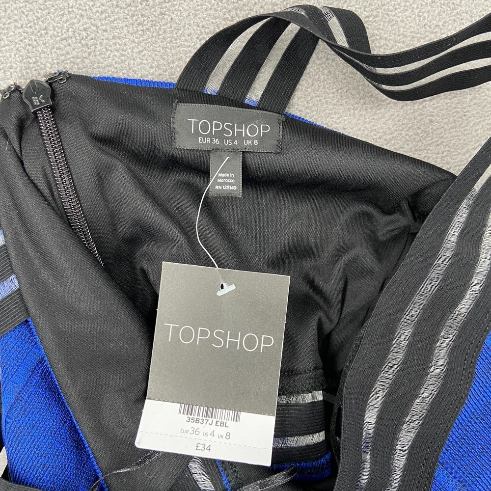 Topshop Bodycon Dress Womens 4 Blue Striped One Shoulder Elastic Trim Back Zip - Picture 4 of 8
